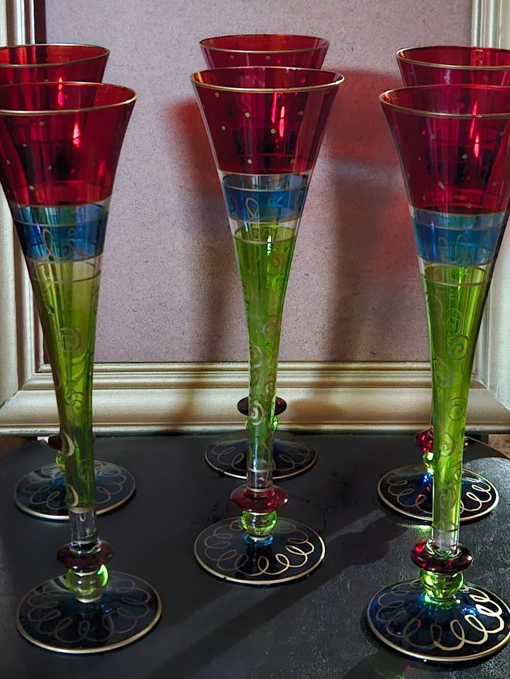 Vintage Pier 1 Set of 6 Hand Painted Colorful Champaign Glasses